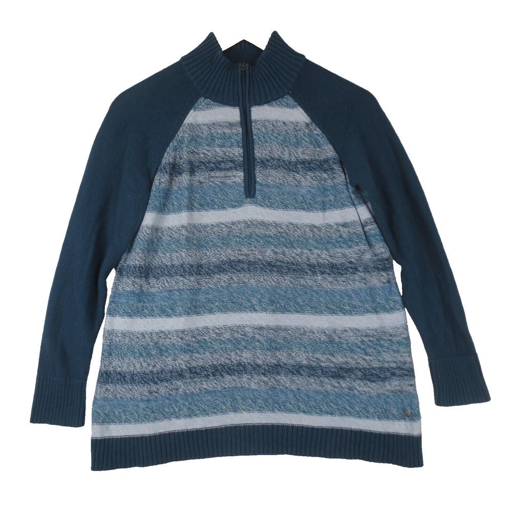 Eddie Bauer 1/4 Zip Sweater Womens Med Teal Stripe Long Sleeve Cotton Pullover